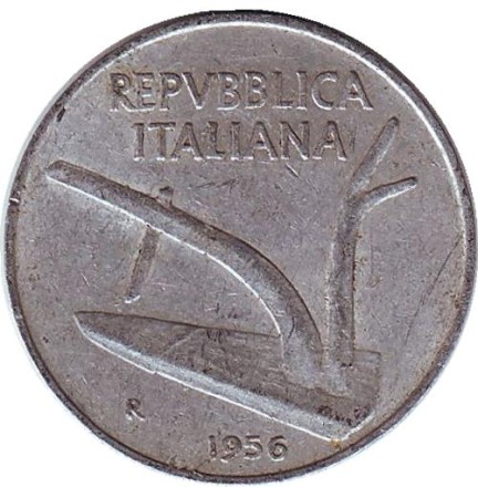 Монета 10 лир. 1956 год, Италия. Колосья пшеницы. Плуг.