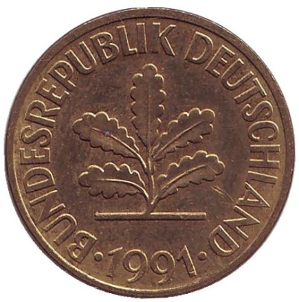 Монета 10 пфеннигов. 1991 год (G), ФРГ. Дубовые листья. Монета 10 пфеннигов. 1991 год (G), ФРГ. Дубовые листья.