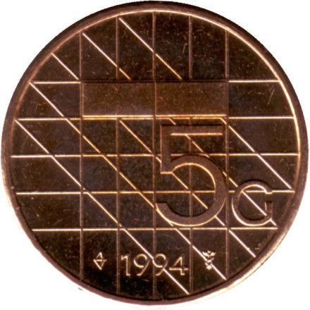 Монета 5 гульденов. 1994 год, Нидерланды. BU.