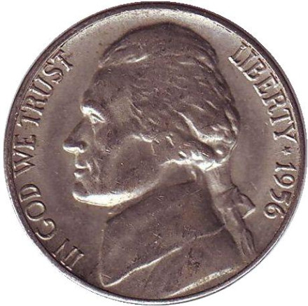 Монета 5 центов. 1956 год (D), США. Джефферсон. Монтичелло.