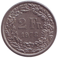 Монета 2 франка. 1972 год, Швейцария. Гельвеция. Монета 2 франка. 1972 год, Швейцария. Гельвеция.