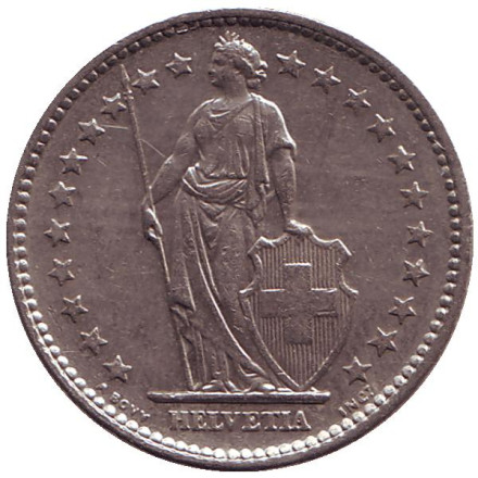 Монета 2 франка. 1972 год, Швейцария. Гельвеция. Монета 2 франка. 1972 год, Швейцария. Гельвеция.