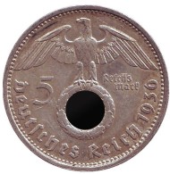 Монета 5 рейхсмарок. 1936 год, Германия (Третий Рейх). (D). Новый тип. Монета 5 рейхсмарок. 1936 год, Германия (Третий Рейх). (D). Новый тип.