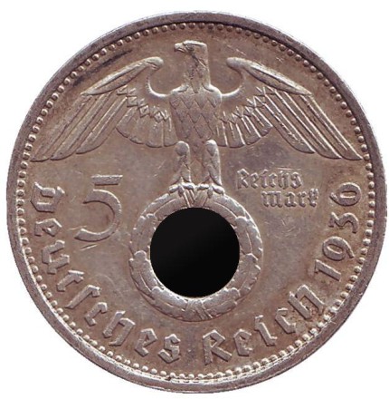 Монета 5 рейхсмарок. 1936 год, Германия (Третий Рейх). (D). Новый тип. Монета 5 рейхсмарок. 1936 год, Германия (Третий Рейх). (D). Новый тип.