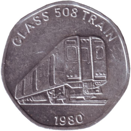 Пассажирский поезд класса 508 (1980). Транспортный жетон. 20 пенсов. 1990-е гг., Великобритания.