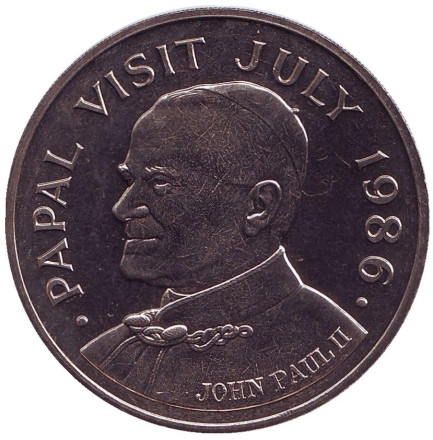 Монета 5 долларов. 1986 год, Сент-Люсия. Визит Папы Иоанна Павла II.