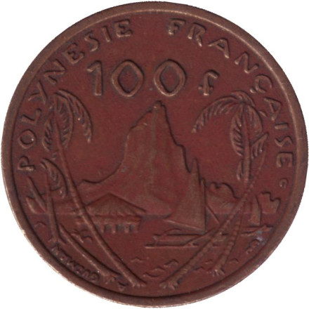 Монета 100 франков. 2002 год, Французская Полинезия. Скалистый остров Муреа.