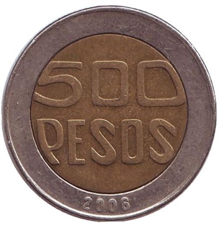 Монета 500 песо. 2006 год, Колумбия. Из обращения. Цветущее дерево гуакари. Монета 500 песо. 2006 год, Колумбия. Из обращения. Цветущее дерево гуакари.