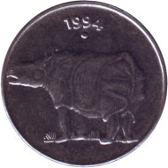 Монета 25 пайсов. 1994 год, Индия. Носорог. ("°" - Ноида). Монета 25 пайсов. 1994 год, Индия. Носорог. ("°" - Ноида).