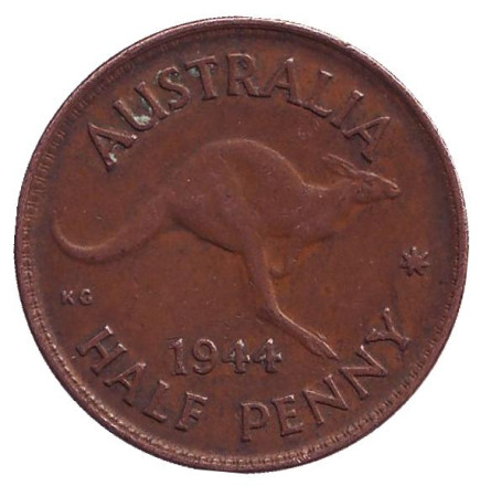 Монета 1/2 пенни. 1944 год, Австралия. Кенгуру.