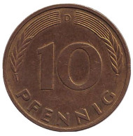 Монета 10 пфеннигов. 1995 год (D), ФРГ. Дубовые листья. Монета 10 пфеннигов. 1995 год (D), ФРГ. Дубовые листья.