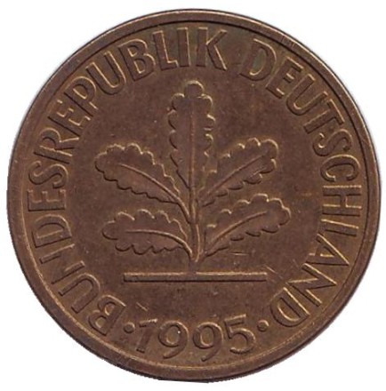 Монета 10 пфеннигов. 1995 год (D), ФРГ. Дубовые листья. Монета 10 пфеннигов. 1995 год (D), ФРГ. Дубовые листья.