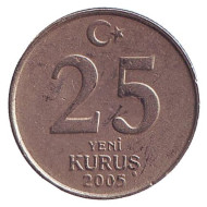 Монета 25 новых курушей. 2005 год, Турция. Монета 25 новых курушей. 2005 год, Турция.