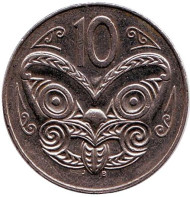 Монета 10 центов. 1997 год, Новая Зеландия. Маска маори. Монета 10 центов. 1997 год, Новая Зеландия. Маска маори.