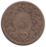 Монета 5 раппенов. 1850 год, Швейцария. Монета 5 раппенов. 1850 год, Швейцария.