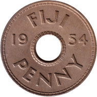 Монета 1 пенни. 1954 год, Фиджи. Монета 1 пенни. 1954 год, Фиджи.