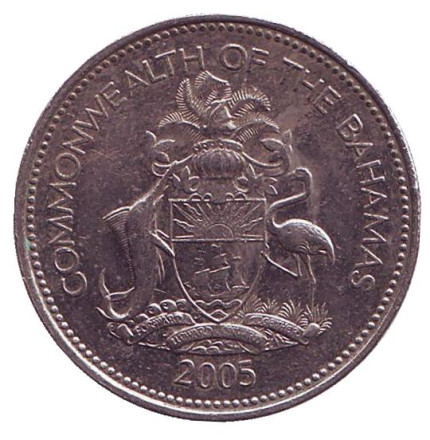 Монета 25 центов. 2005 год, Багамские острова. Парусник.