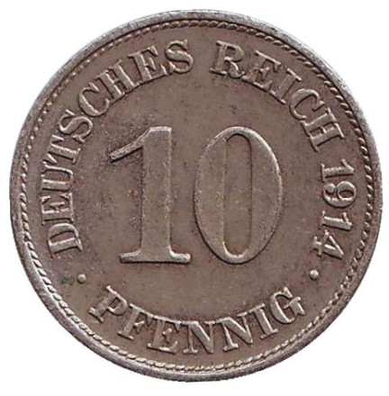 Монета 10 пфеннигов. 1914 год (E), Германская империя.