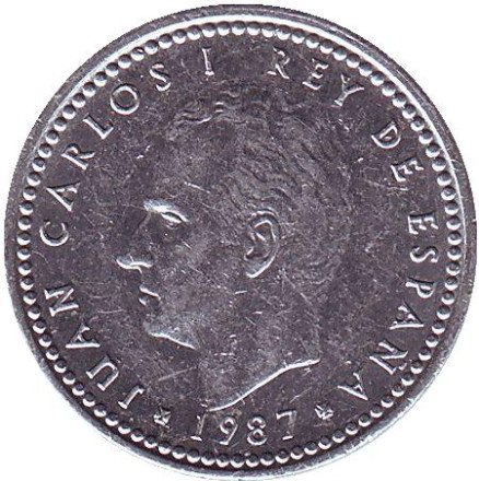 Монета 1 песета. 1987 год, Испания.