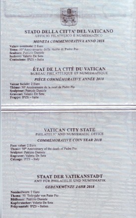 Монета 2 евро. 2018 год, Ватикан. 50 лет со дня смерти падре Пио. Монета 2 евро. 2018 год, Ватикан. 50 лет со дня смерти падре Пио.