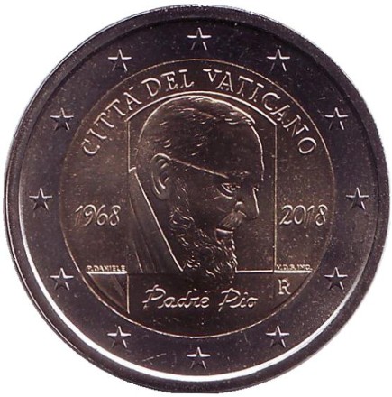 Монета 2 евро. 2018 год, Ватикан. 50 лет со дня смерти падре Пио. Монета 2 евро. 2018 год, Ватикан. 50 лет со дня смерти падре Пио.