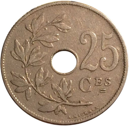 Монета 25 сантимов. 1921 год, Бельгия. (Belgie)