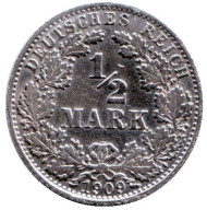 Монета 1/2 марки. 1909 год (A), Германская империя. Монета 1/2 марки. 1909 год (A), Германская империя.