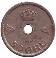 Монета 50 эре. 1945 год, Норвегия. Монета 50 эре. 1945 год, Норвегия.