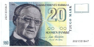 Банкнота 20 марок. 1993 год, Финляндия. Вяйнё Линна. Пресс! Банкнота 20 марок. 1993 год, Финляндия. Вяйнё Линна. Пресс!