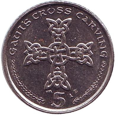 Монета 5 пенсов. 2002 год (AE), Остров Мэн. Кельтский крест.