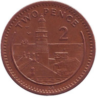 Монета 2 пенса. 1998 год, Гибралтар. Маяк. Монета 2 пенса. 1998 год, Гибралтар. Маяк.