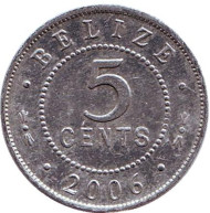 Монета 5 центов. 2006 год, Белиз. Из обращения. Монета 5 центов. 2006 год, Белиз. Из обращения.