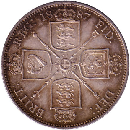 Монета 1 флорин (2 шиллинга). 1887 год, Великобритания. (Новый тип). Состояние - XF.