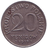 Монета 20 фенигов. 1917 год, Польша. (Германская оккупация). Монета 20 фенигов. 1917 год, Польша. (Германская оккупация).