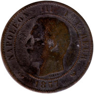 Монета 10 сантимов. 1857 год (W), Франция. Наполеон III. Монета 10 сантимов. 1857 год (W), Франция. Наполеон III.