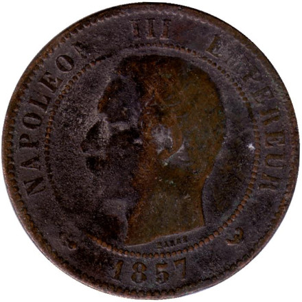 Монета 10 сантимов. 1857 год (W), Франция. Наполеон III.