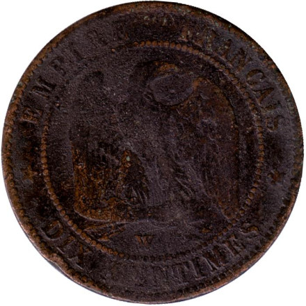 Монета 10 сантимов. 1857 год (W), Франция. Наполеон III.