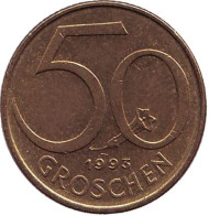 Монета 50 грошей. 1993 год, Австрия. Монета 50 грошей. 1993 год, Австрия.