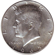 Монета 50 центов. 1965 год, США. Джон Кеннеди. Монета 50 центов. 1965 год, США. Джон Кеннеди.