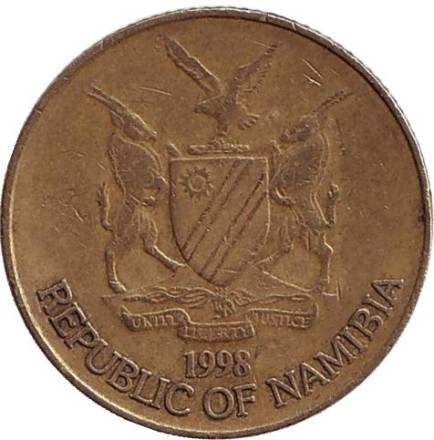 Монета 1 доллар. 1998 год, Намибия. Орёл-скоморох. Монета 1 доллар. 1998 год, Намибия. Орёл-скоморох.