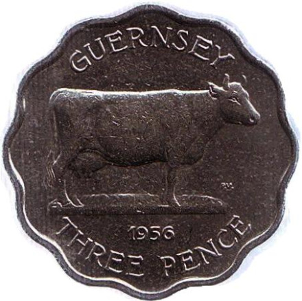 Монета 3 пенса. 1956 год, Гернси. Корова.