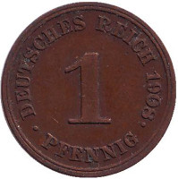 Монета 1 пфенниг. 1908 год (J), Германская империя.