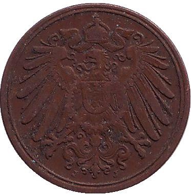 Монета 1 пфенниг. 1908 год (J), Германская империя. Монета 1 пфенниг. 1908 год (J), Германская империя.