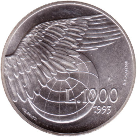 Монета 1000 лир. 1993 год, Сан-Марино. Крыло над земным шаром.