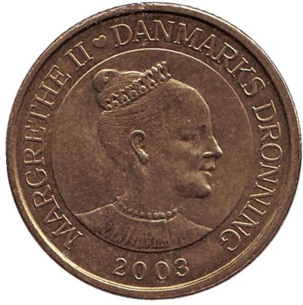 Монета 20 крон. 2003 год, Дания. Башня Кристиансборгского дворца.