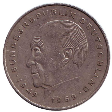 Монета 2 марки. 1977 год (J), ФРГ. Из обращения. Конрад Аденауэр.