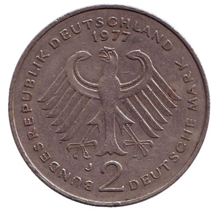 Монета 2 марки. 1977 год (J), ФРГ. Конрад Аденауэр. Монета 2 марки. 1977 год (J), ФРГ. Конрад Аденауэр.