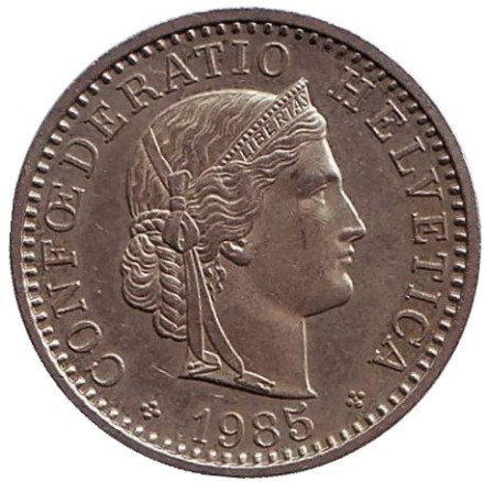 Монета 20 раппенов. 1985 год, Швейцария. Монета 20 раппенов. 1985 год, Швейцария.