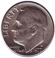 Монета 10 центов. 1977 (D) год, США. Рузвельт. Монета 10 центов. 1977 (D) год, США. Рузвельт.