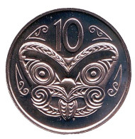 Монета 10 центов. 1984 год, Новая Зеландия. BU. Маска маори. Монета 10 центов. 1984 год, Новая Зеландия. BU. Маска маори.